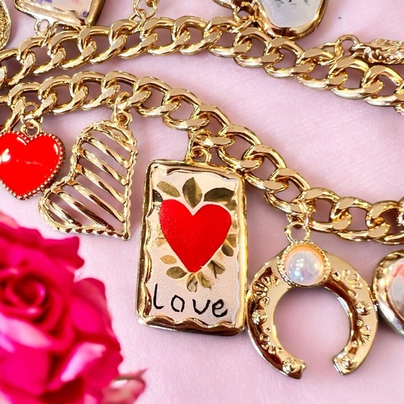 Gold toned chunky charm necklace with Heart and Love Accents - Picture 9 of 17